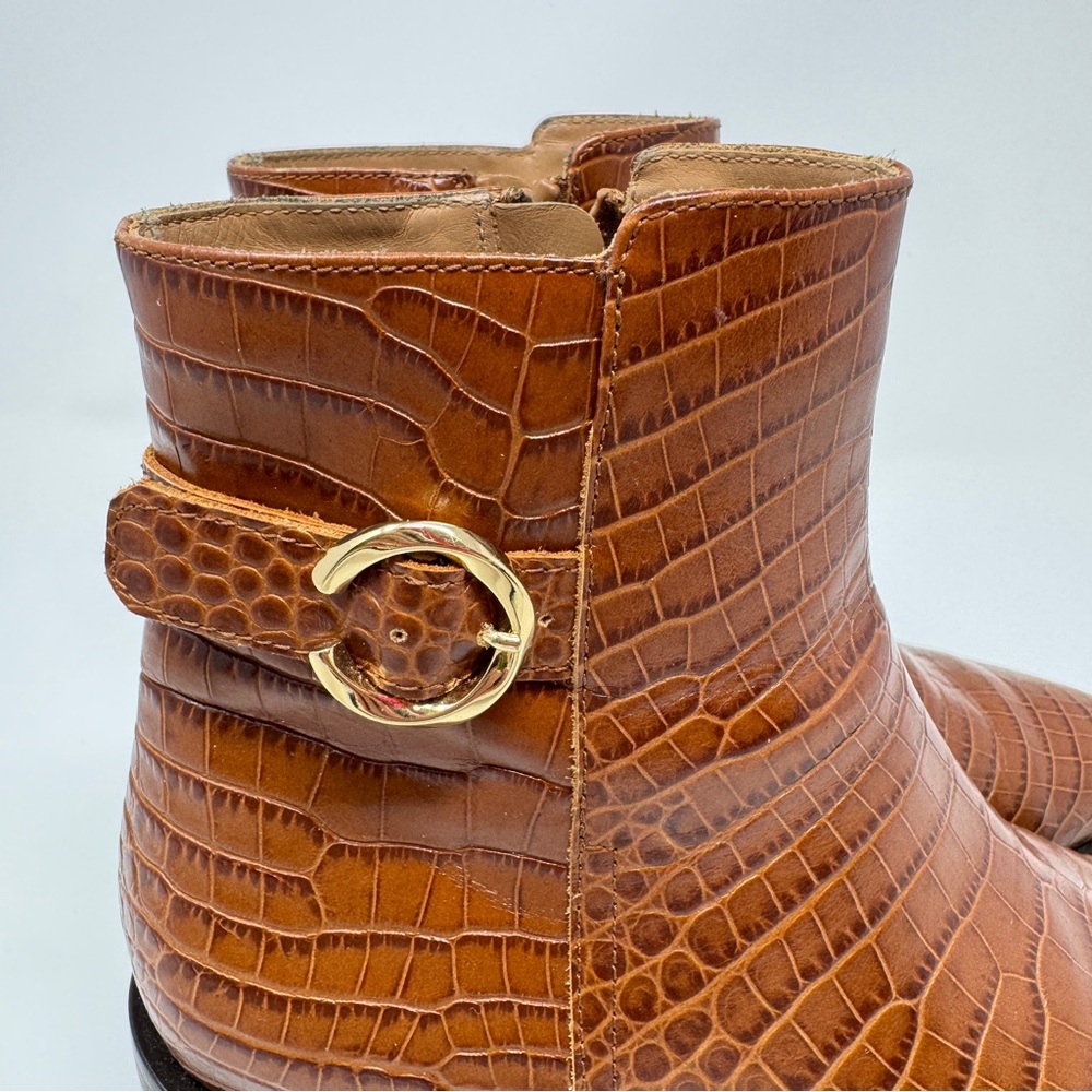 Aquatalia Fara Croc-Embossed Weatherproof Leather Ankle Boots Cognac - Picture 10 of 15